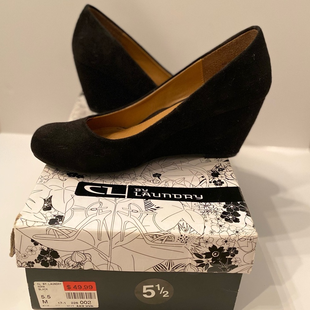 CL by Laundry heel/wedge. Black suede. Size 5.5